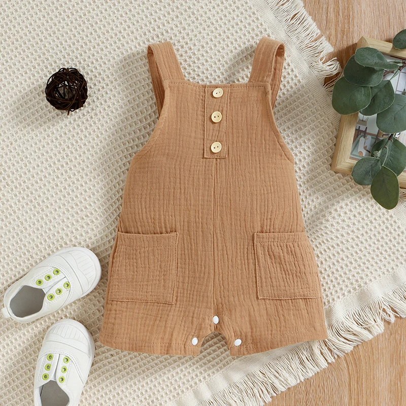 

Baby Unisex Romper Playsuit Sleeveless Backless Solid Color Square Neck Elastic Waist Crotch Snap Button Jumpsuit