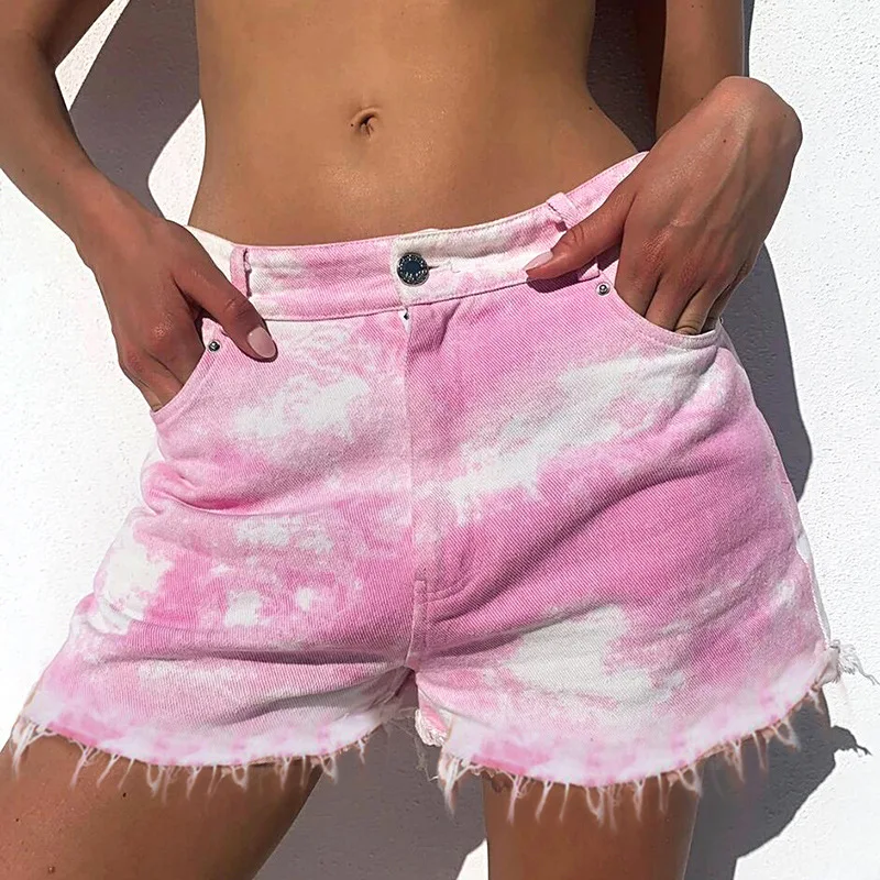 New Fashion Spring and Autumn Pink Tie-dye Sexy Stretch Casual Personality Ripped Fringed Ladies Denim Shorts Women's Clothing