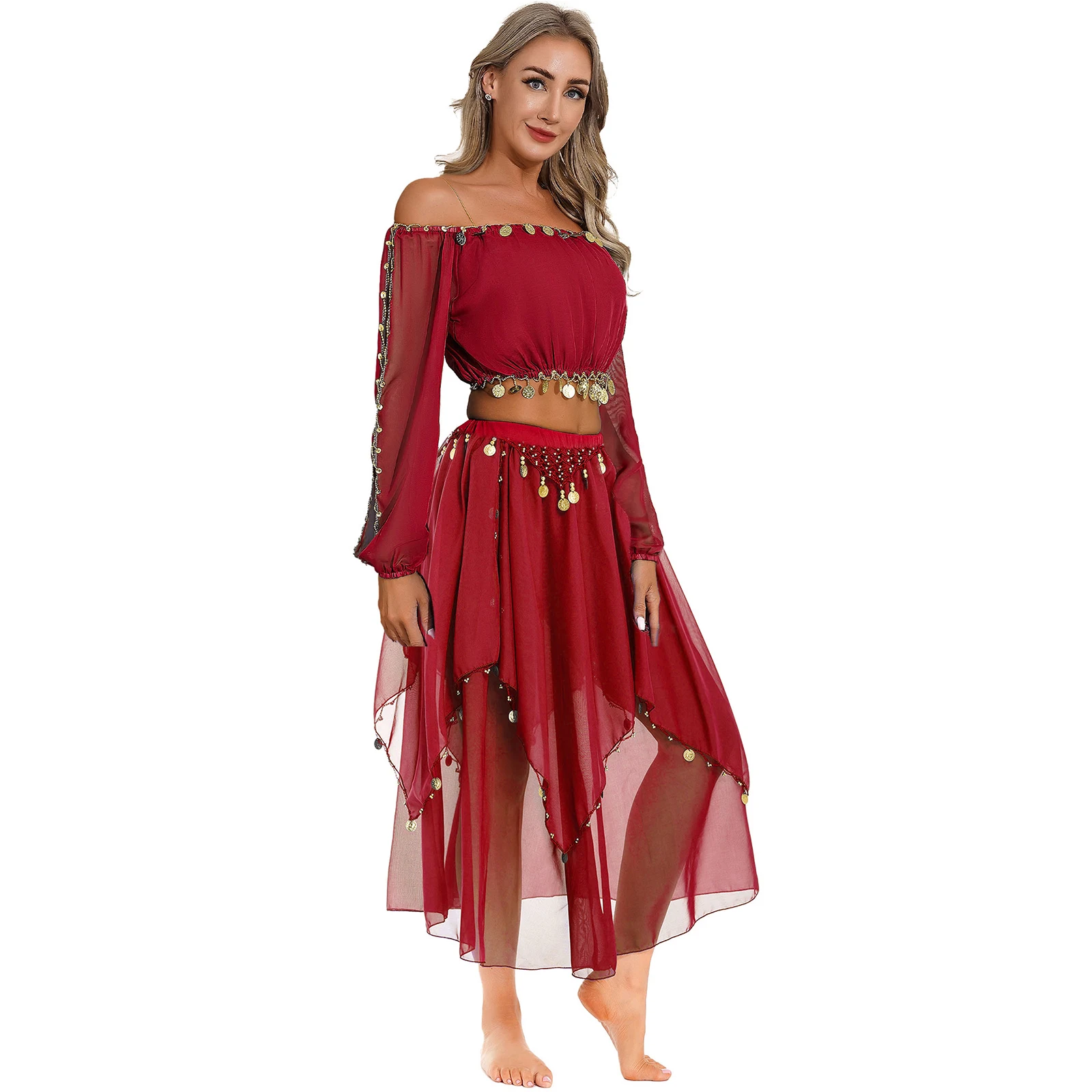 Женский блестящий костюм для танца живота короткий топ с открытыми плечами и