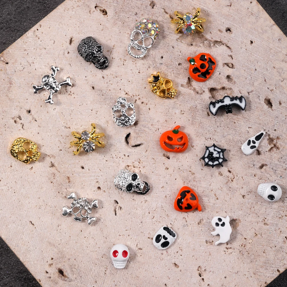 

10pcs Halloween Nail Decoration Skull/Spider Mix Alloy Glass AB Rhinestone Nail Charms Accessories Jewelry Nail Salon Supplies