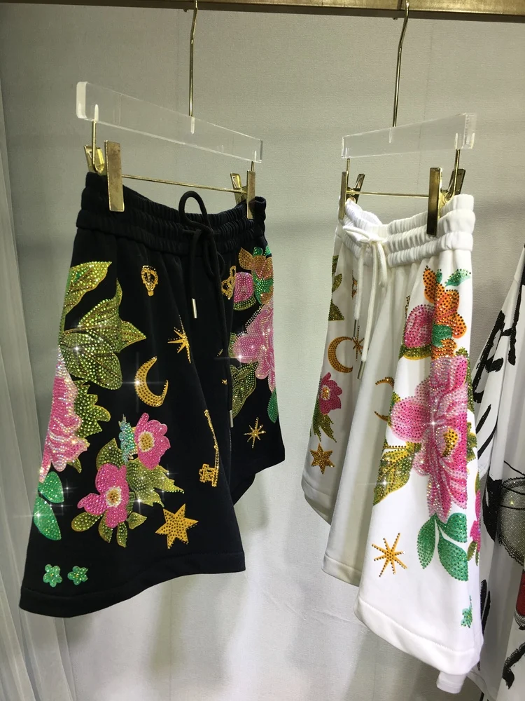 Luxury Flowers Hot Drilling Women Shorts 2023 New Summer All-match Elastic High Waist Wide Leg Pants Large Size Casual Shorts