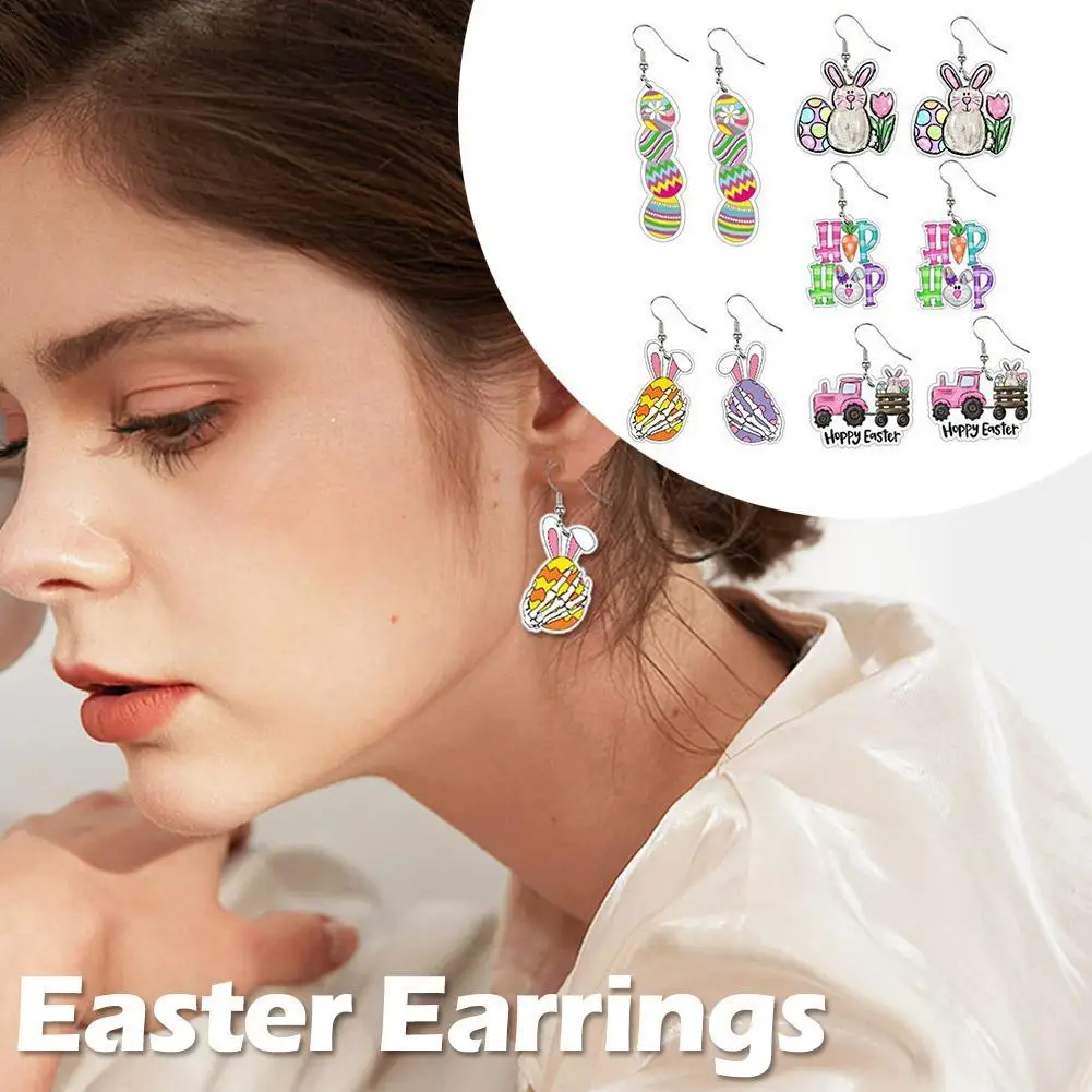 

1 Pair Easter Earrings Colored Eggs Pink Bunny Eardrop Hip Hop Popular For Easter Festival Woman's Dangle Earrings Gift