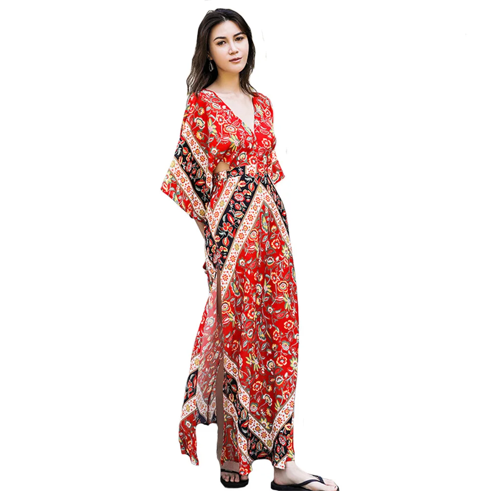 

Vintage Dress Ethnic Print Holiday Sexy Backless Dress Women Cotton Flare Short Sleeve Robe Summer Boho Beach Wear Vestido Dress