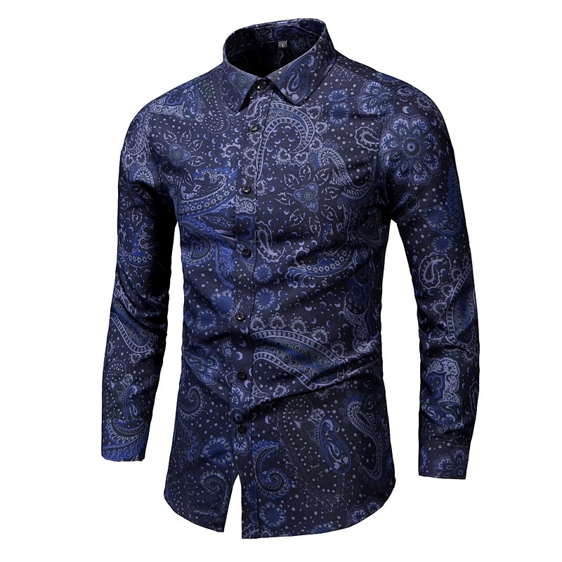 

New Fashion Print Shirt Men Long Sleeve Turn Down Collar Casual Shirts Mens Single Breasted Slim Party Holiday Blouse Man 7XL