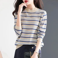 sweater spring and autumn new striped hollow round neck loose fashion all match casual pullover knitted top womens clothing 314