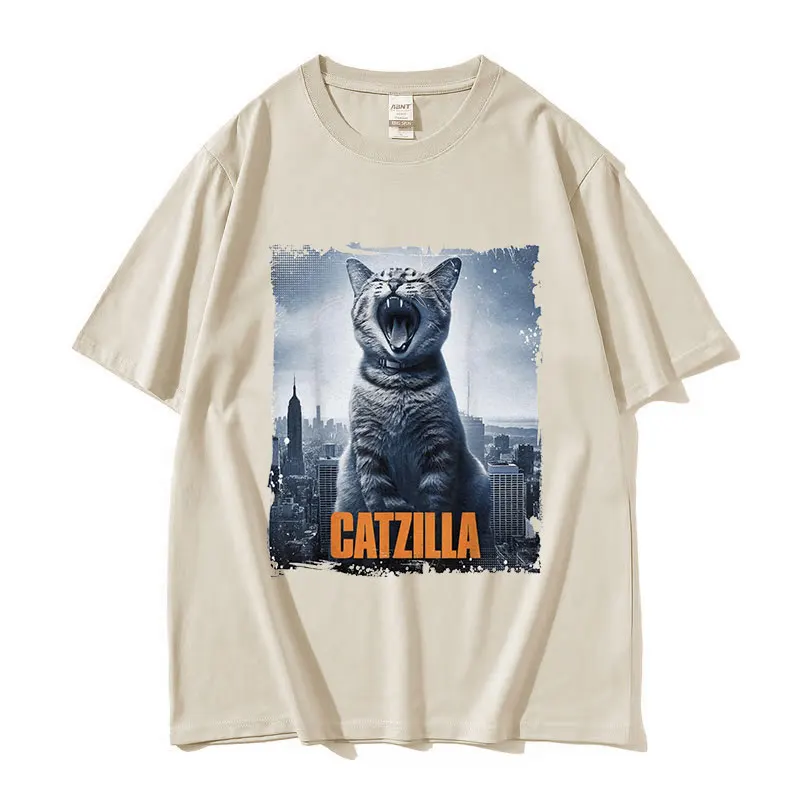 Funny Cat Catzilla Graphic Tee Shirt Men Women Retro Harajuku Fashion Short Sleeve T-shirt Casual 100% Cotton Oversized T Shirts