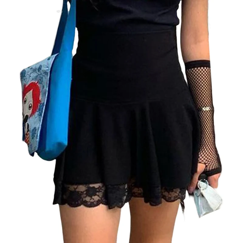 

Black Lace Edge High Waist Pleated Punk Style Vintage Party Sexy Ladies Mini Clubwear 2022 Women A-Line Skirt Gothic
