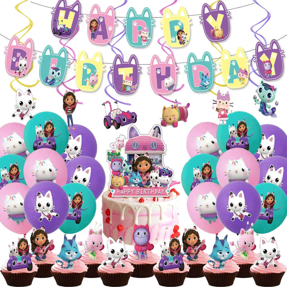 

Gabby Dollhouse Cats Birthday Decoration Balloon Disposable Tableware Backdrop For Kids Gabby Doll House Figures Party Supplies