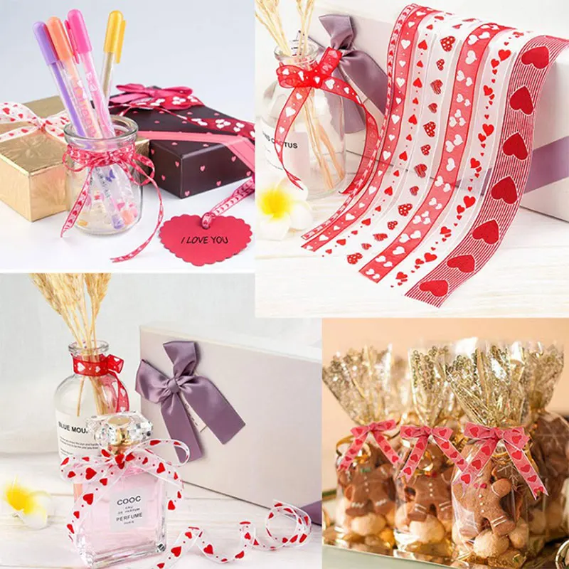 

1pcs Organza Ribbon Heart Wedding Ribbons For Wedding Single Face Printed 100% Polyester Valentine Decor Gift Wrapping