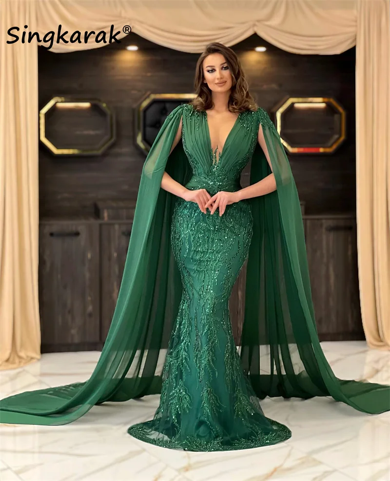 

New Arrival 2023 Dubai Mermaid Evening Dress 2023 With Cape Sparkly Beading Crystals Wedding Reception Party Prom Gown