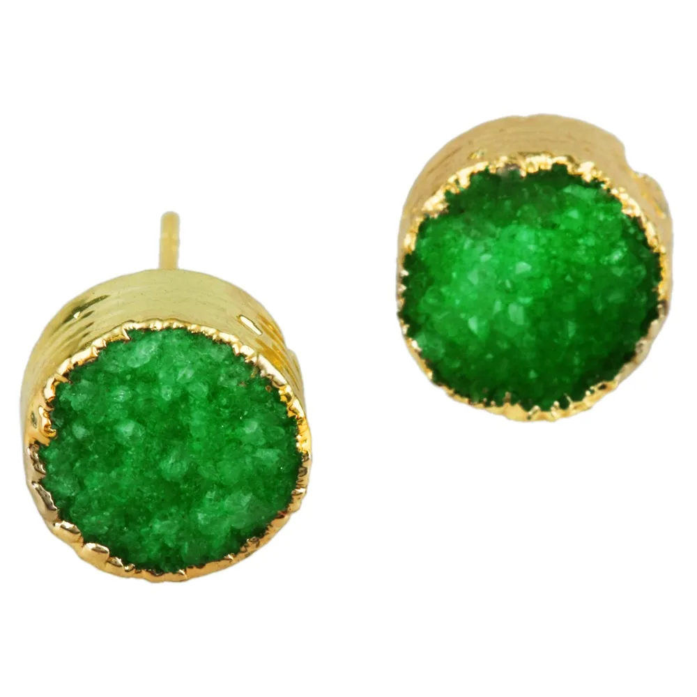 

TUMBEELLUWA Green Titanium Plated Natural Quartz Druzy Crystal Gold Tone Jewelry Stud Earrings For Women