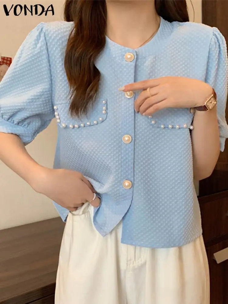 

VONDA 2023 Summer Tops Blusas Women Shirts Fashion Round Neck Half Puff Sleeve Elegant Blouses Pearl Button Down Tunic Femininas