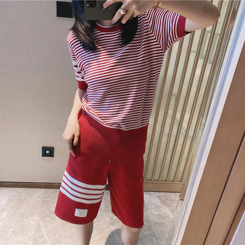 TB college style striped ice silk knitted four-bar top casual sports five-point straight shorts suit female net red