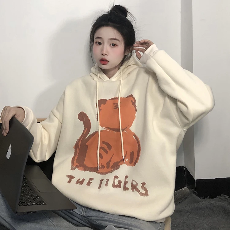 

5578 осень-зима Корейская версия 2021 новый стиль плюс бархатная утепленная свободная толстовка с забавным принтом для женщин