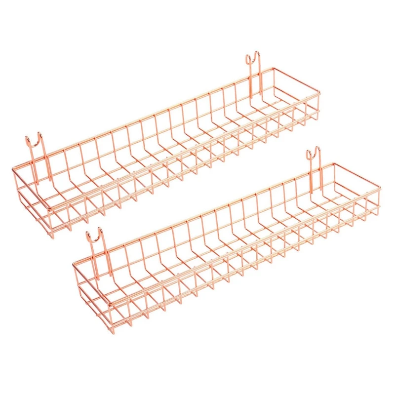 

2X Rose Gold Grid Wall Basket Wire Wall Shelf For Grid Panel Easy Hanging Tray