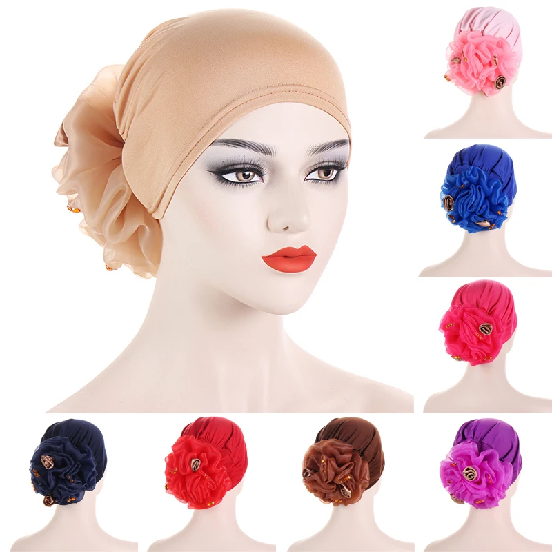 

New Women Flower Hijab Turban Hat Solid Color Beanie Hat Turban Covers Flower Head Wraps Headwear Vintage Elastic Headscarf