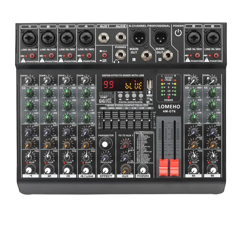 

6 Channel Audio DJ Mixer Individual 48V 2 AUX Output Mixing Console 7 Band EQ 99 Effect USB Bluetooth Play Sound Table AM-GT6