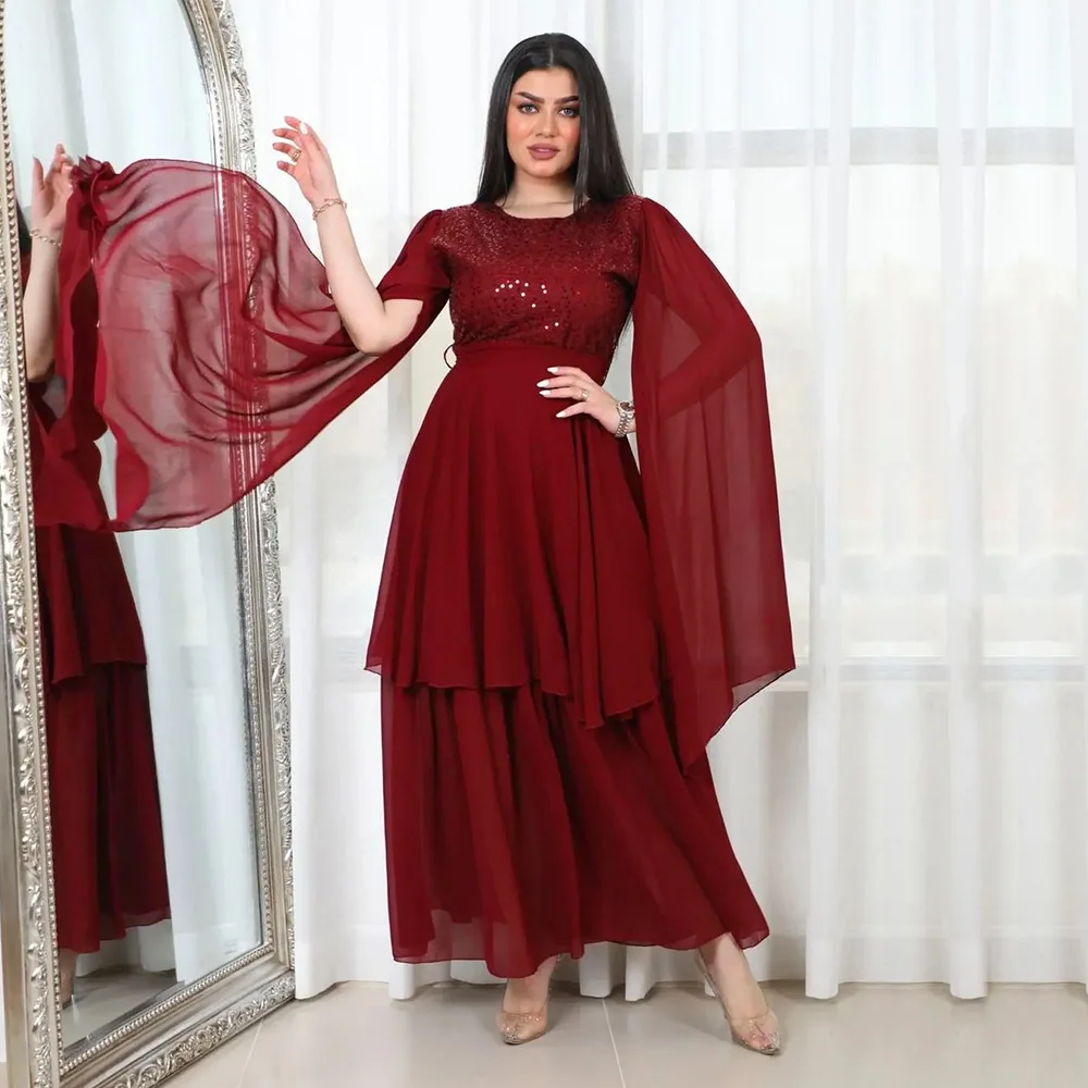 Arabic Evening Dress Muslim Robe with Sash Long Sleeves Round Neck Sequins Patchwork Elegant Middle East Dubai Abaya Party Dress