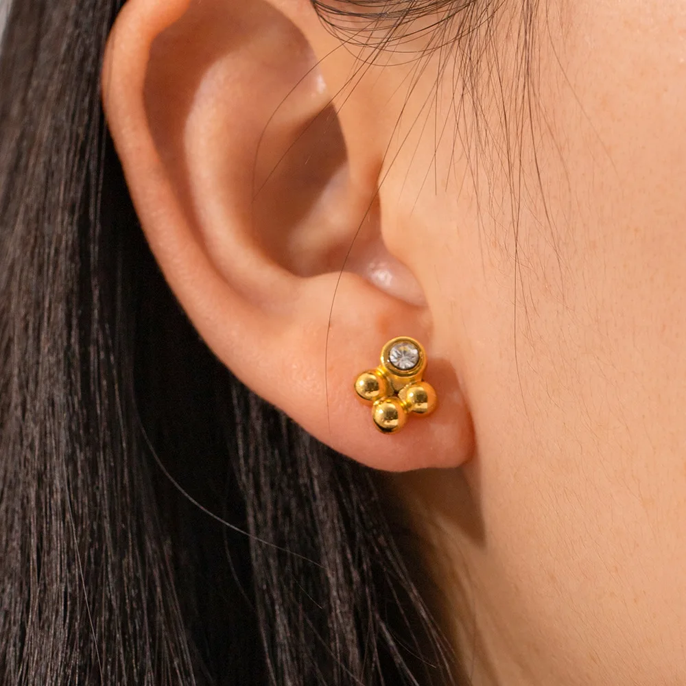 Stainless Steel PVD 18K Gold Plated Tarnish Waterproof Rinestoned Flower Stud Earrings For Woman Jewelry Wholesale Trendy