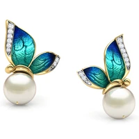 2022 fashion oil painted butterfly design women earrings luxury rhinestone pearl stud earrings for women accessories jewelry