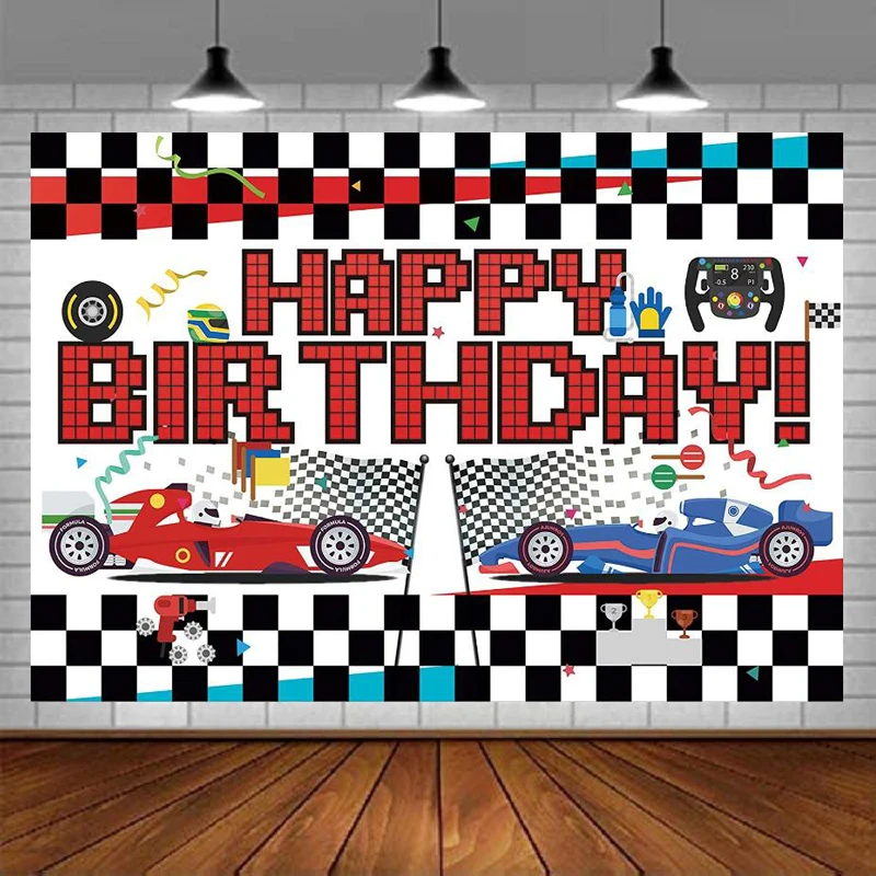 

Photography Backdrop Happy Birthday Party Racing Car Checkered Flag Background Banner Wall Decorations Poster Supplies