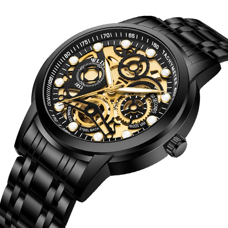 

Часы наручные мужские механические, модные крутые брендовые Роскошные водонепроницаемые из нержавеющей стали, с ажурным циферблатом, черные