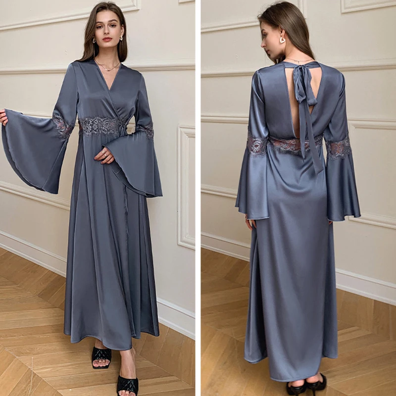 Sexy Women's Pajama Gown Satin Ice Silk French Elegant Transparent Backless Home Clothes Nightwear Lace Stitching Robe Dresses