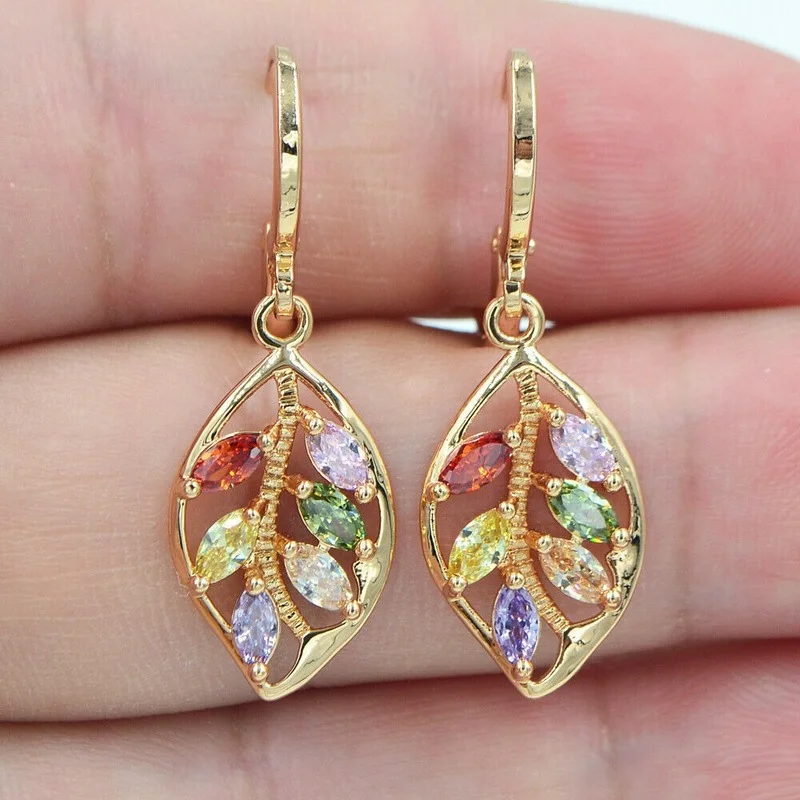 

New 18k Yellow Gold-plated Leaves Inlaid with Colored Gems Topaz Earrings and Earrings
