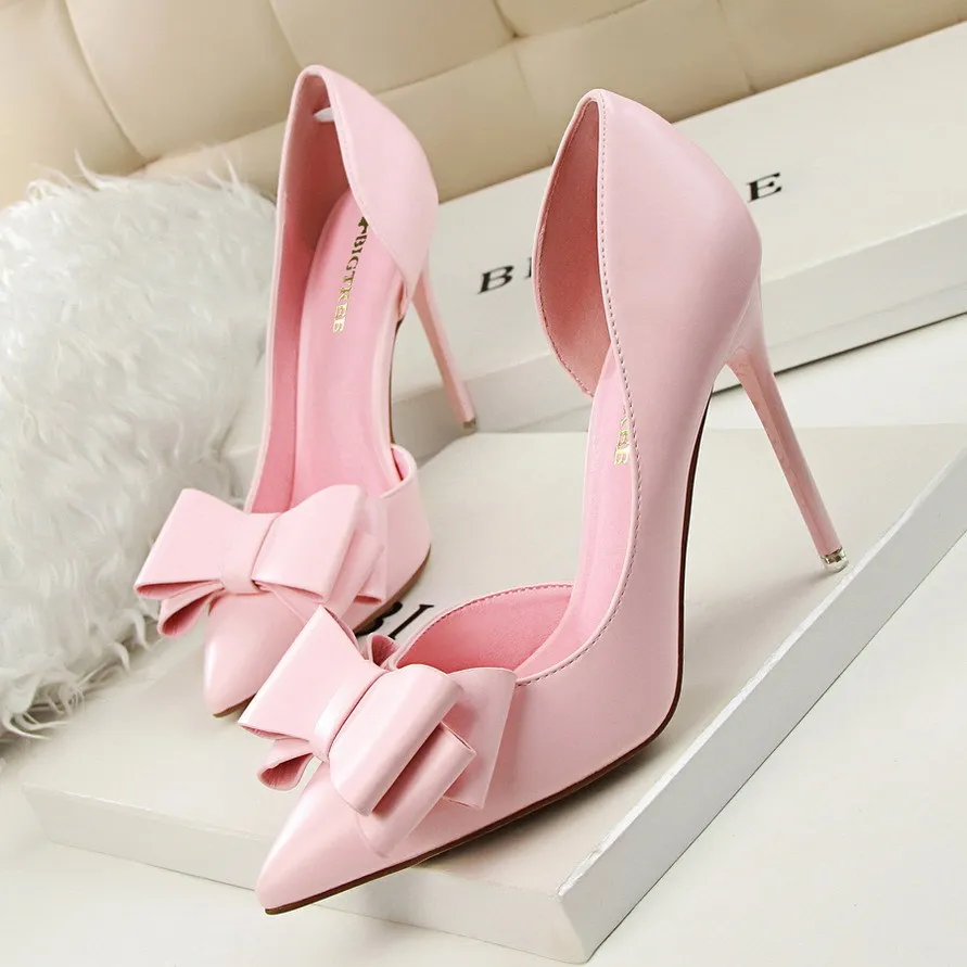 

Fashion Elegant Sweet Bow High Heel Shoes Slim Heel High Heel Shallow Mouth Pointed Side Hollow Single Shoes