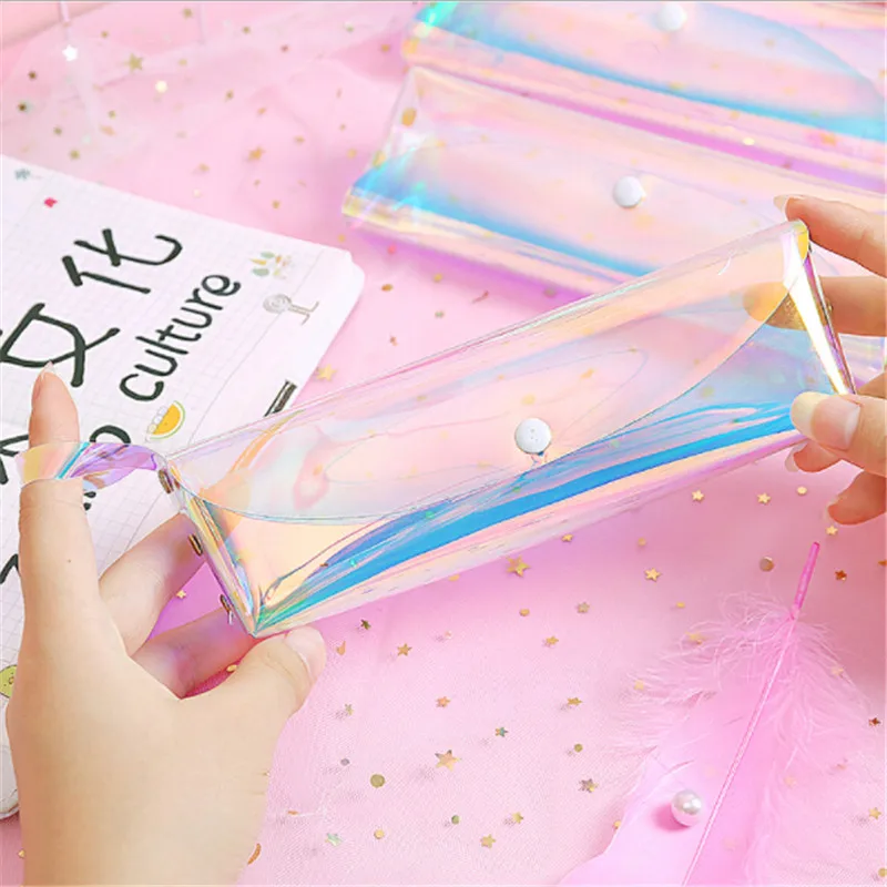 

Transparent Laser Pen Bag Creative Cute Small Travel Makeup Case Women Holographic Brush Bags Student Mini Pencil Pouch