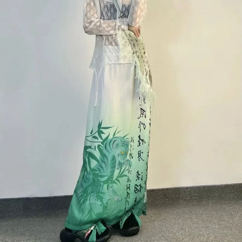 

Женская юбка с бамбуковым принтом, яркая юбка в стиле ретро, юбка с разрезом, весна-лето 2023