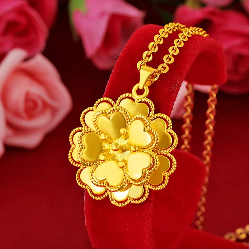 Simulation Vietnam Sand Gold Pendant Necklace 24K Brass Gold Plated Love Flower Water Drop Heart Shape Flower Pendant Gift