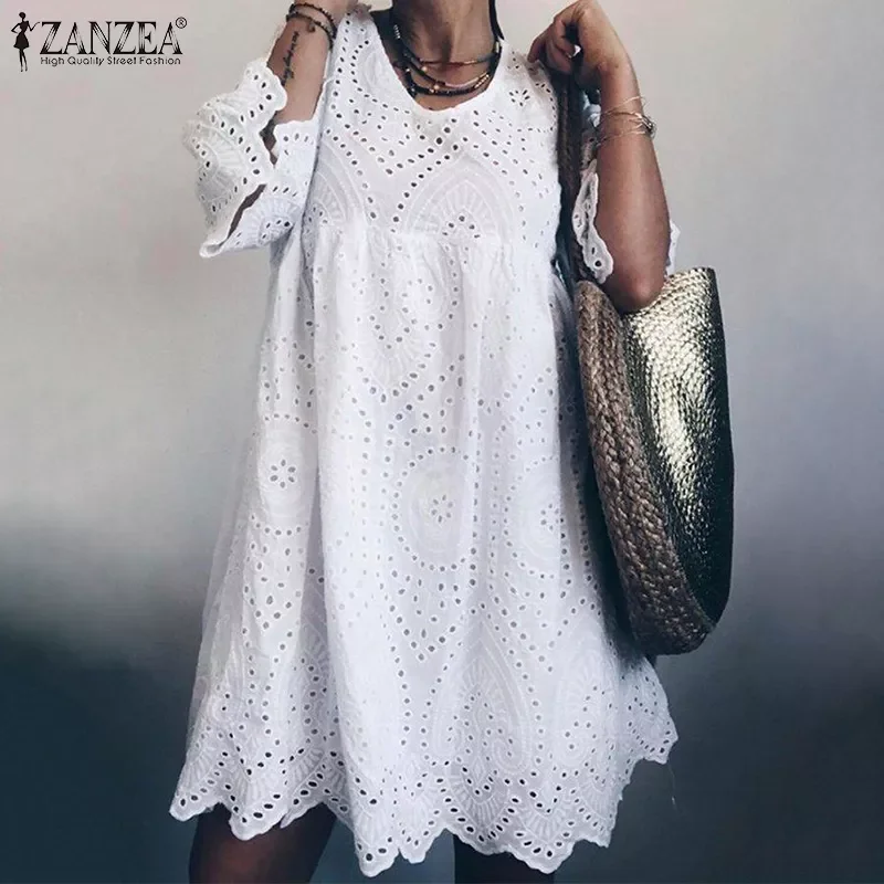 

ZANZEA 2022 Bohemain Lace Dress Women's Summer Sundress Fashion Flare Sleeve Knee Length Vestidos Female Hollow Cotton Robe