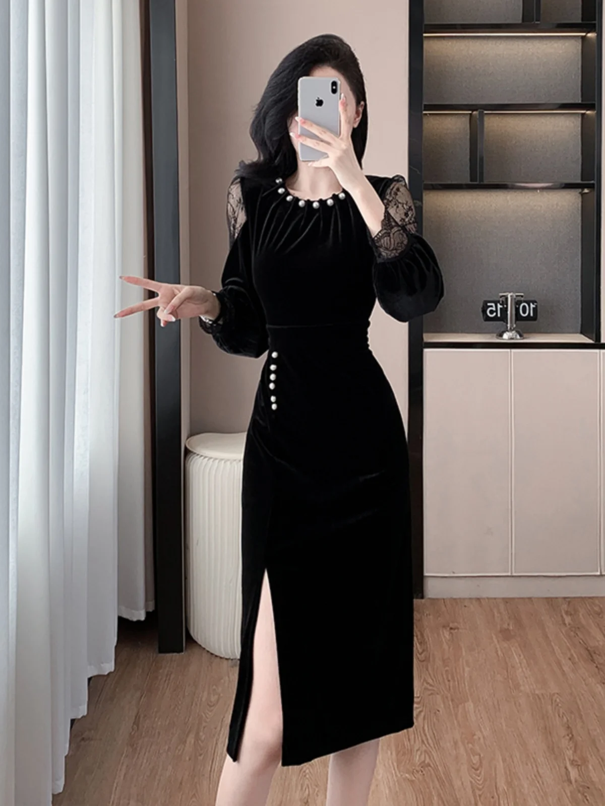 Hepburn Sle Socialite Ретро Темперамент с длинными рукавами Весна и осень Бархатное