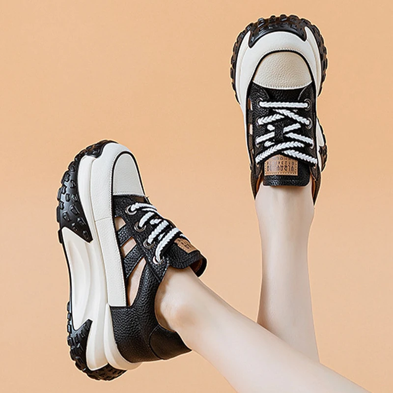 Hollow Chunky Sneakers Fashion 7cm Genuine Leather Women Vulcanize Sandles New Female Summer  Comfy Lace Up Fashion Ladies Shoes