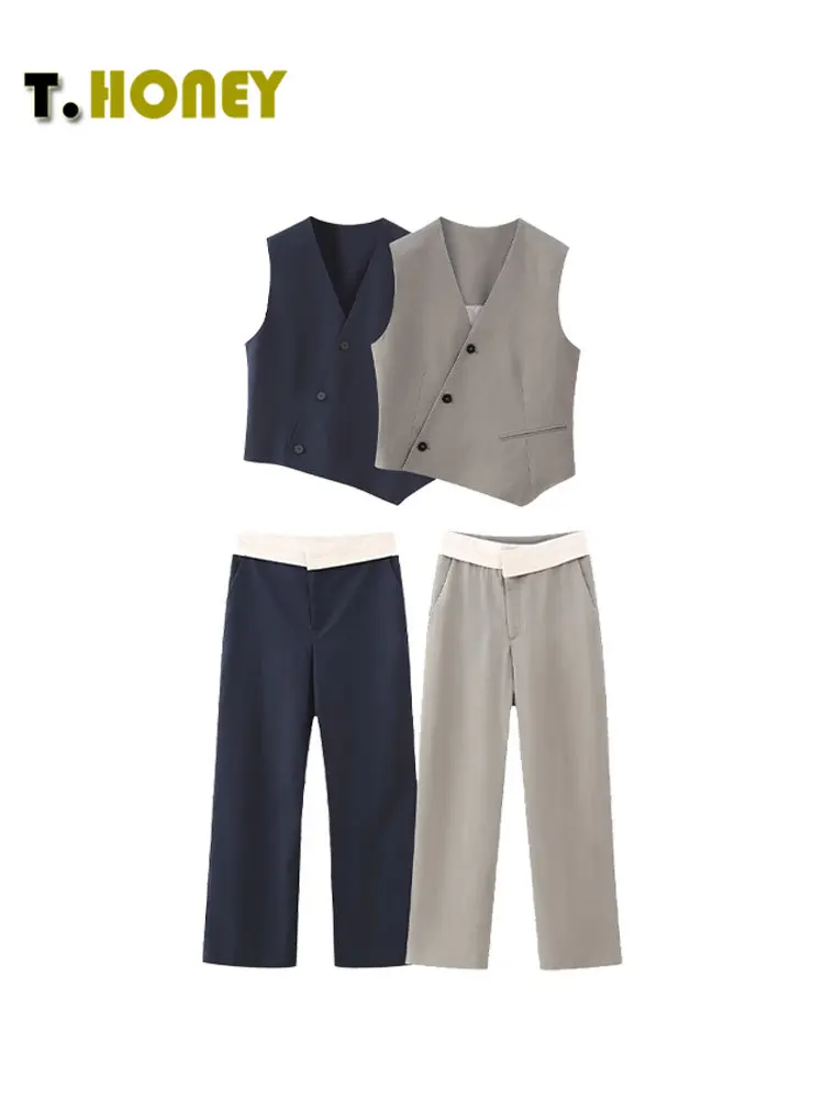 

TELLHONEY женский модный однобортный жилет с V-образным вырезом с передней молнией широкие брюки Повседневный контрастный цвет комплект из двух предметов