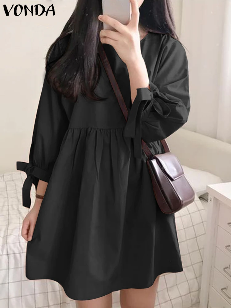 

VONDA 2023 Summer Women Mini Dress Casual Ruffled Sundress Loose O Neck Cotton Solid Sexy Party Pleated Sundress Oversized
