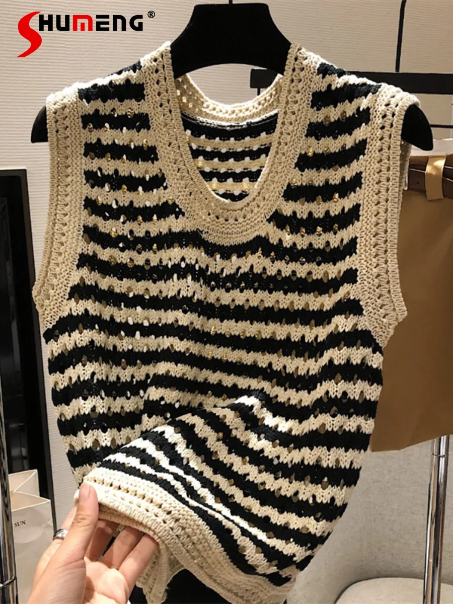 

Female Fashion Elegant Striped Hollow-out Knitted Vest Women 2022 Summer New Korean Style Loose Slimming Retro Sleeveless Top
