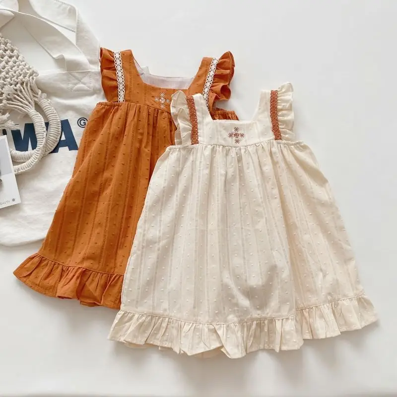 

Girls Cotton Linen Dress Ruffles Kids Solid Strap Dress Summer Toddler Girls Suspender Dress Girls' Loose Dress Baby Clothes