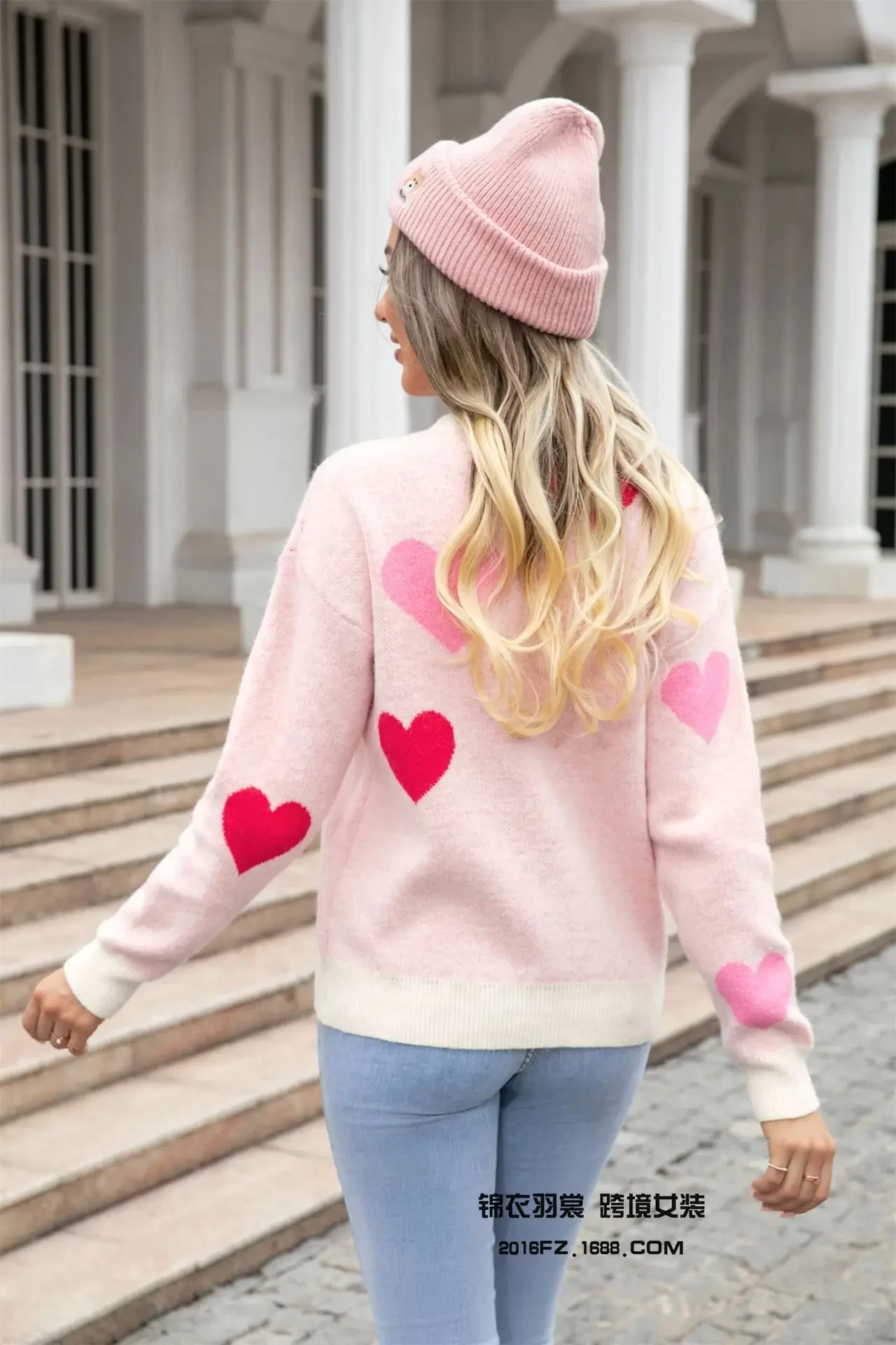 Вязаный пуловер в стиле пэчворк с сердечками женский свободный вязаный свитер