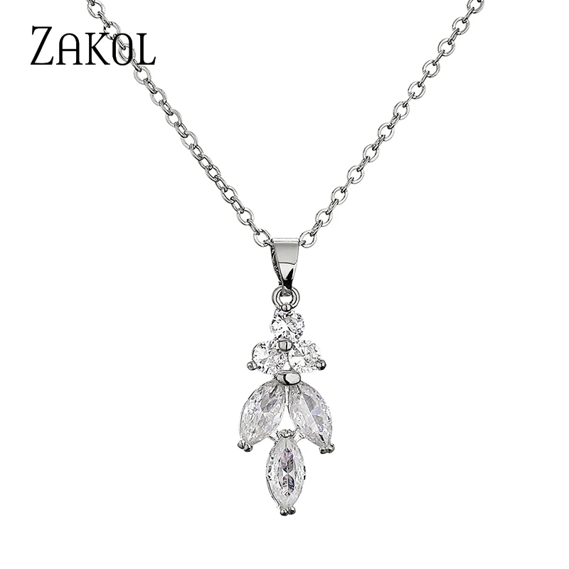 

ZAKOL Luxury Temperament Water Droplets Leaf Cubic Zirconia Chain Pendant Necklaces Women Bride Wedding Jewelry NP3100