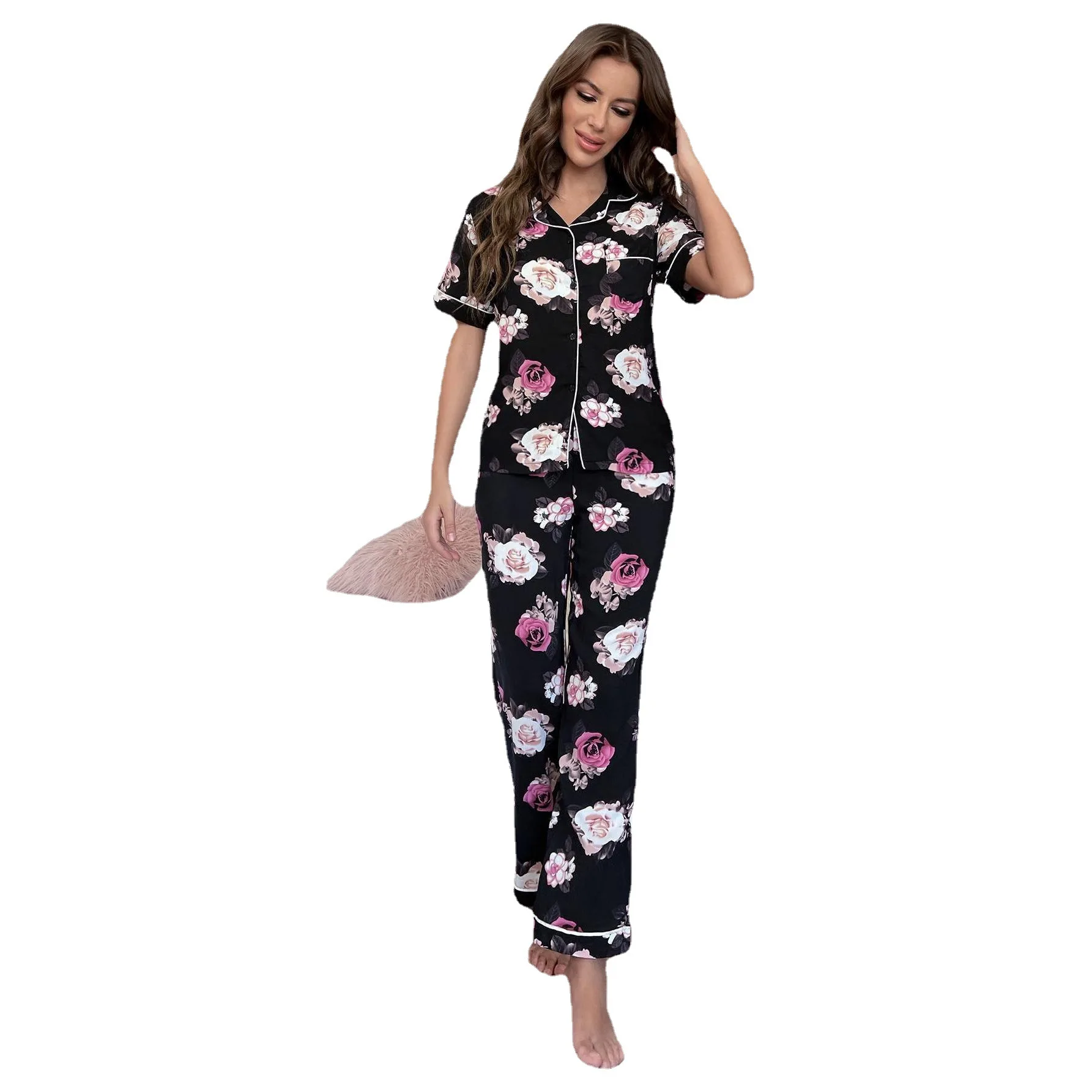 Women's Night Suit Rayon Pajamas Set 2PCS Summer Spring Sleepwear Nightwear For Female Floral Print Homewear Sleeping Clothing