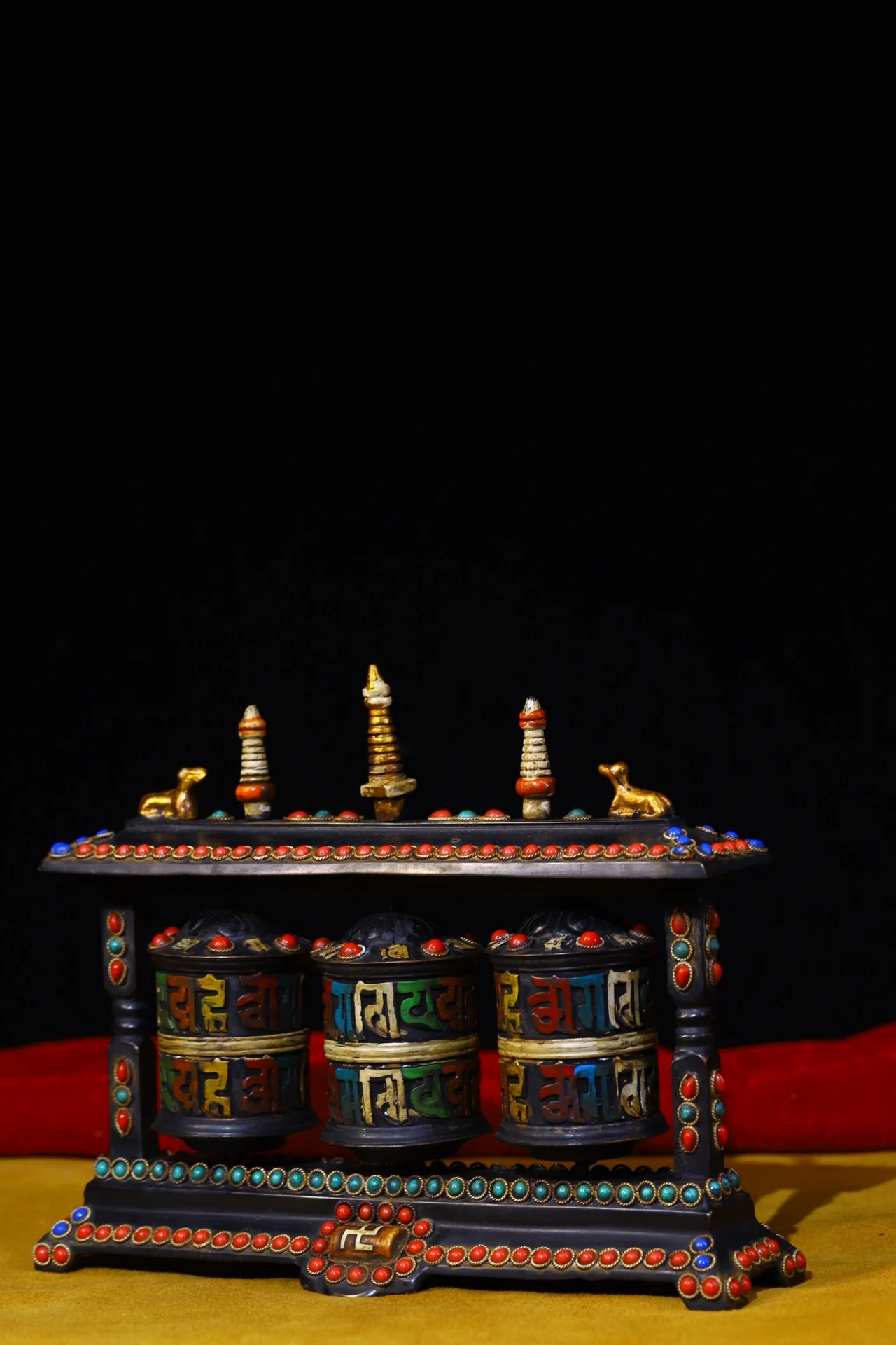 

7"Tibetan Temple Collection Old Bronze Painted Cinnabar Mosaic Gem Six Character Proverbs Prayer Wheel Old scriptures