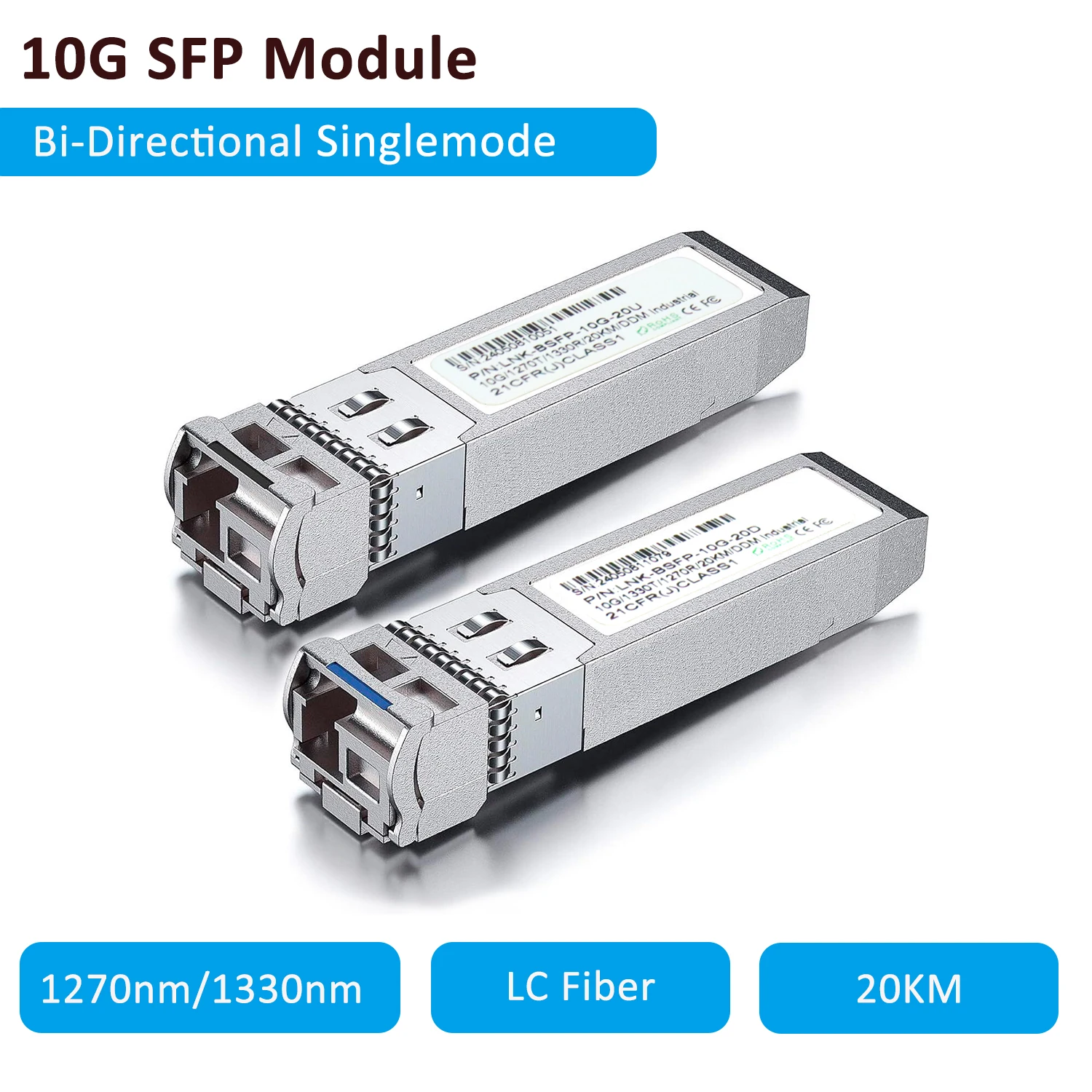Двунаправленный одномодовый трансивер 10G SFP 1270 нм/1330 нм SMF LC 20 км с цифровым