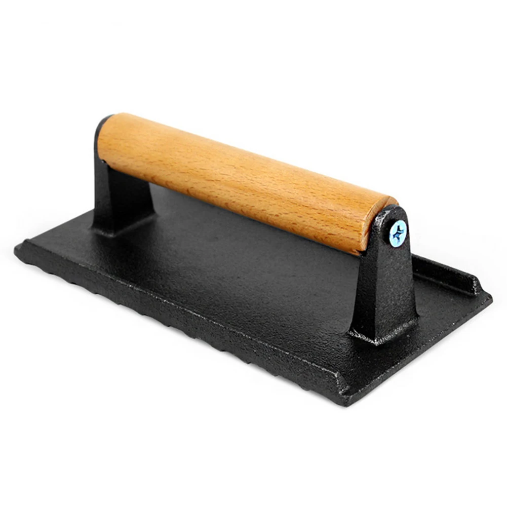

Grill Cast Iron Plate BBQ With Wooden Handle Weight Press Professional Steak Meat Press