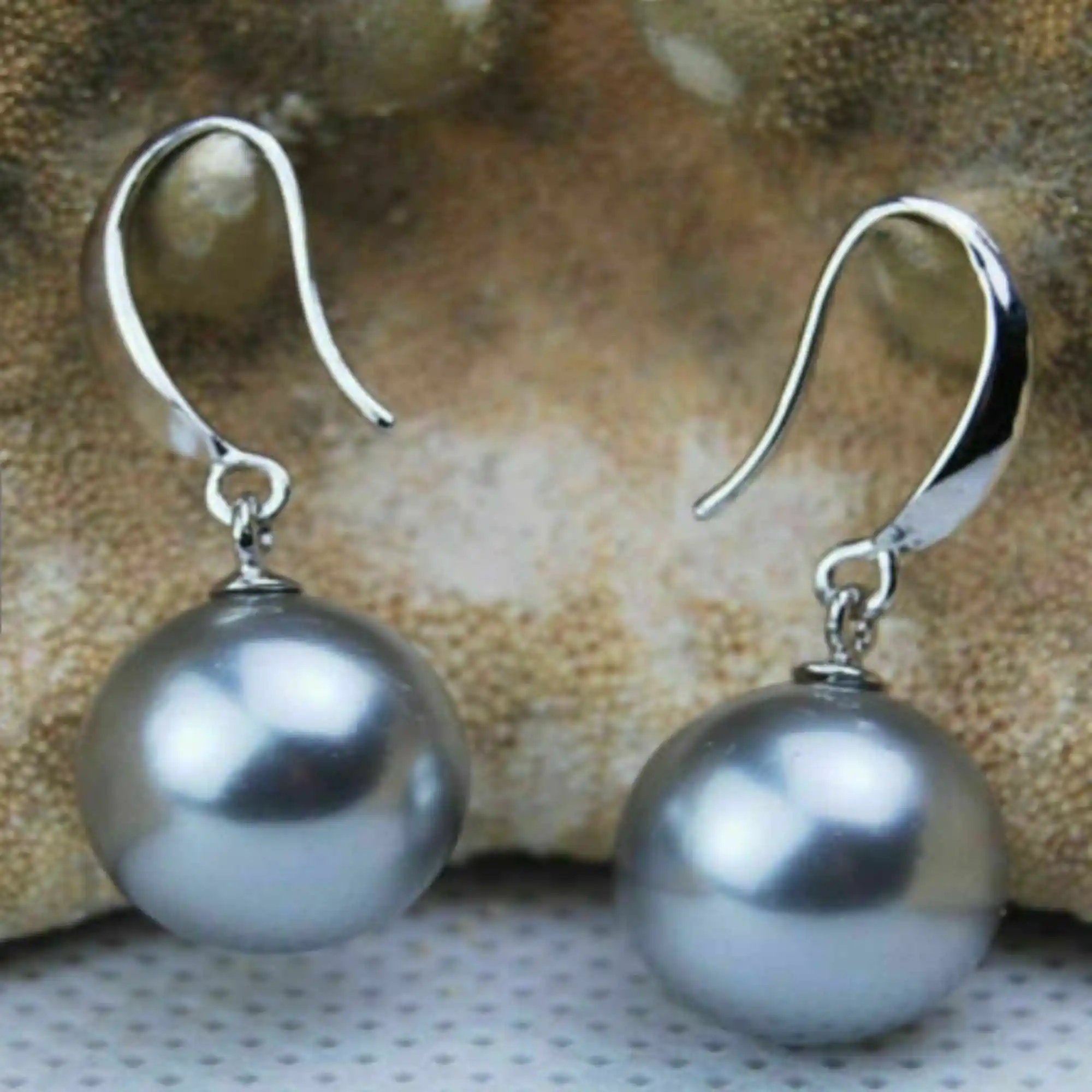 

Natural 16mm gray round South sea Pearl 14k white gold Earrings Easter Freshwater Wedding FOOL'S DAY Mother's Day Cultured