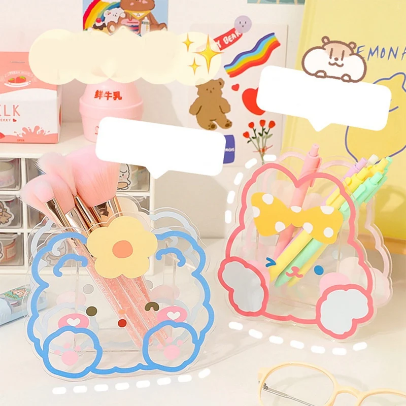 

Kawaii Cartoon Bear Bunny Acrylic Pen Holder Desktop Organizer INS Transparent Office Stationery Cosmetics Storage Box Vase