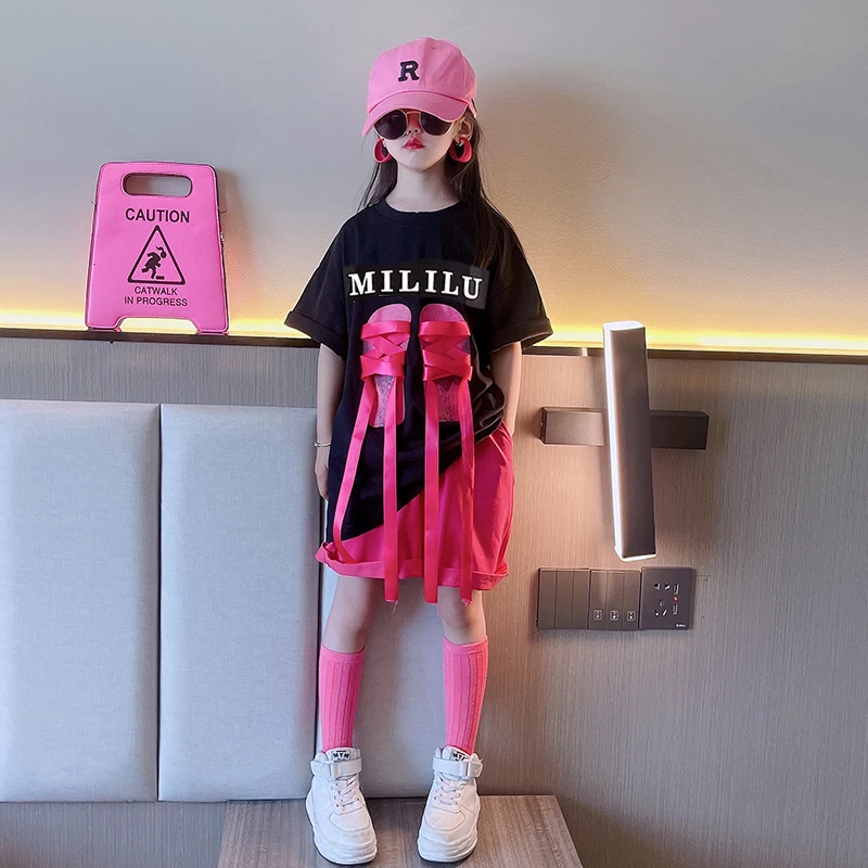 

Summer Girls 2 Pcs Set Baby T Shirt + Shorts Kids Set Children Clothes Teenage Suit Shoes Lacing Patch Letter 5-13Y