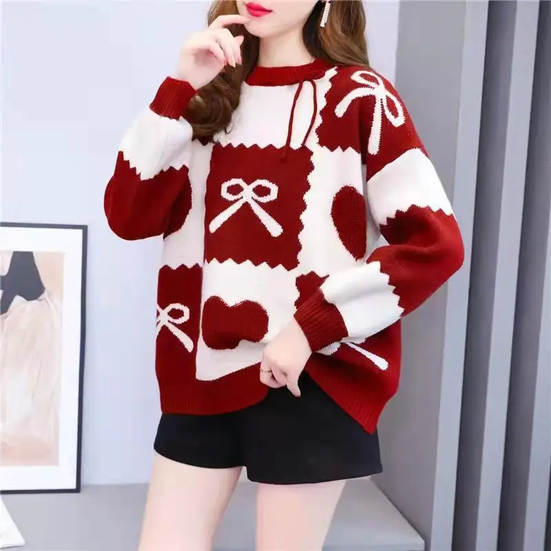 

2022 Women's Autumn Winter Retro Long Sleeve Sweater Tops Female Round Neck Pullover Tops Ladies Bow Printed Knit Tops O347