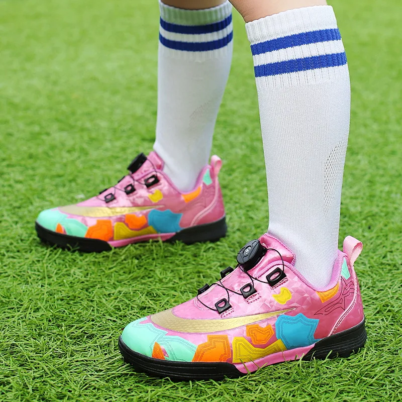 Fashion Pink High Quality Football Shoes Sneakers for Kids Boys Button Non-slip Children Soccer Boots Turf Cleats Trainers Men